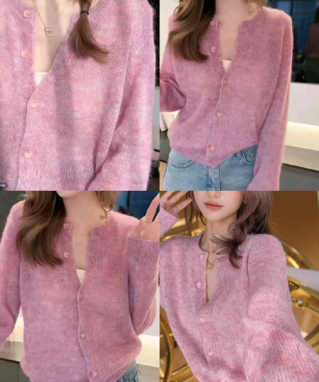 홀로우 아웃 얇은 스타일 핑크색 스웨터 여자 오픈 가디건 새로운 자외선 차단 의류 루즈핏 슬림해 보이는 긴팔 니트 맨위
