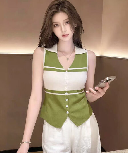 한 부서 뒤집다 V넥 배색 스트라이프 몸매 가꾸기 슬림해 보이는 니트 조끼 오픈 가디건