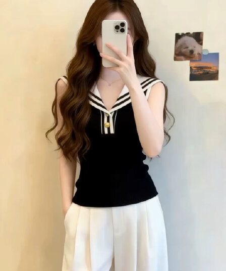 한 부서 학원 스타일 해군 칼라 민소매 니트 조끼 여성 여름 빅 사이즈 지방 mm 몸매 가꾸기 슬림해 보이는 슈퍼 잘 생긴 맨위
