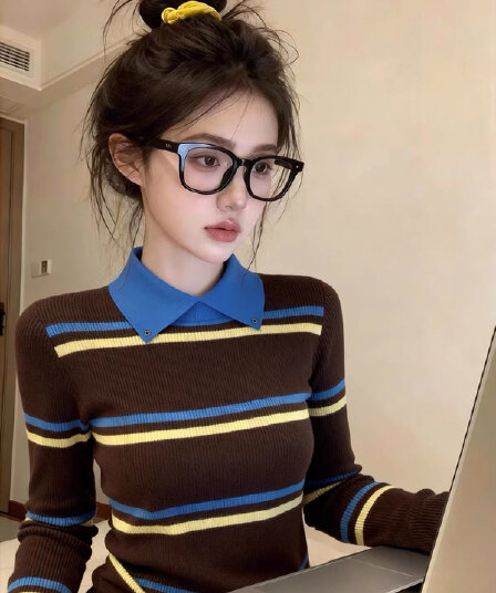 배색 스트라이프 페이크 레이어드 몸매 가꾸기 허리 수축 만나는 인사이드 가져 가라. 긴팔 티셔츠 여성 봄 2026 슈퍼 화재 연령 감소 맨위