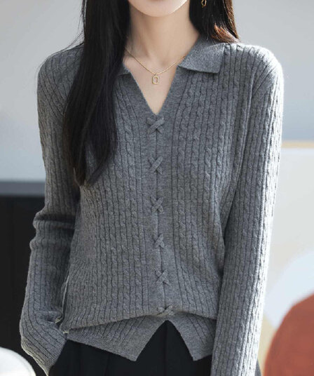 polo 폴로 칼라 카디건 긴팔 트위스트 꽃 레트로 스웨터 여자 루즈핏 슬림해 보이는 카디건 단색 니트 기본 셔츠