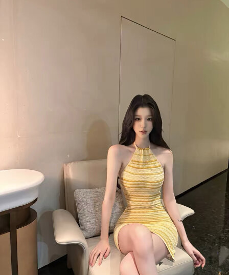 한 비 지아 c lt gaia erina 시리즈 황색 스트라이프 행침 목 백리스 허리 수축 타이트 스커트 니트 드레스