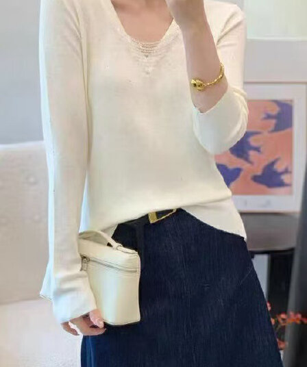 가을 새로운 한국 스타일 슬림해 보이는 표지 고기 디자인 센스 작은 대중 V넥 긴팔 인사이드 가져 가라. 스팽글 니트 기본 셔츠 맨위