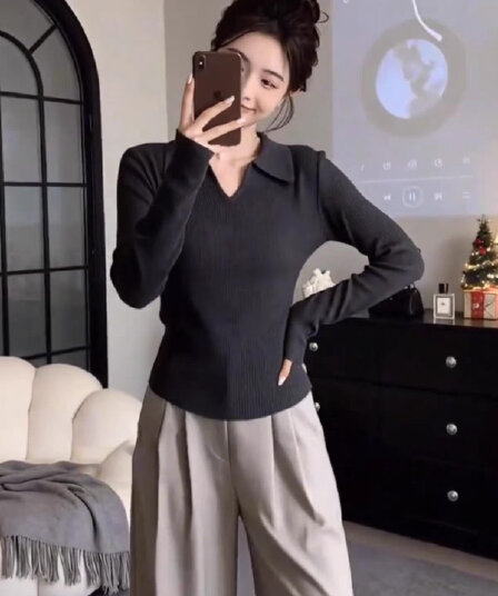 POLO 칼라 폴로 칼라 V넥 니트 인사이드 가져 가라. 기본 셔츠 여성 봄 디자인 센스 몸매 가꾸기 품격 긴팔 티셔츠 맨위 서비스