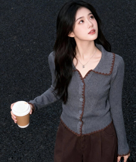아름다운 한 부서 회색 폴로 칼라 Chic 만나는 니트 오픈 가디건 여성 몸매 가꾸기 디자인 센스 chic 배색 스웨터 맨위