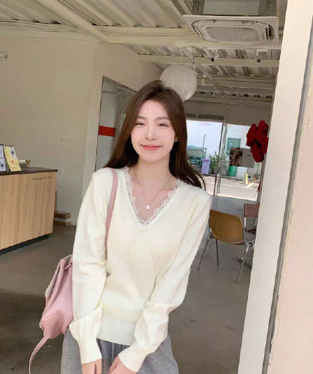 부드러운 바람 V넥 레이스 니트 스웨터 스웨터 여자 봄 가을 Chic 인사이드 가져 가라. 기본 셔츠 작은 키 긴팔 맨위