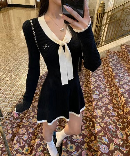 레드 맨 큐레이터 소매 여성 드레스 가을 자이언트 잘 생긴 ~ 중 프랑스식 검정색 관대 한 점잖은 아름다운 페이크 레이어드 치마