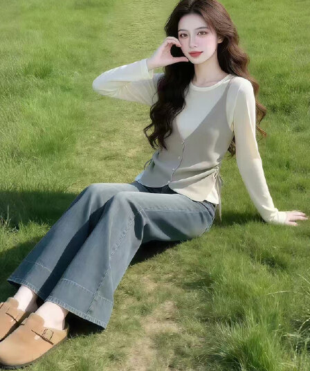 한 부서 레트로 배색 페이크 레이어드 니트 펌프 로프 디자인 센스 허리 수축 풀오버 긴팔