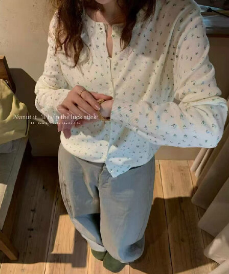 땅콩 홈 가을 슬림해 보이는 캐주얼 품격 한 부서 부드러운 신선함 작은 꽃무늬 니트 오픈 가디건