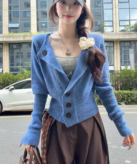 한 부서 조기 가을 파란색 니트 카디건 코트 여성 의류 작은 키 루즈핏 캐주얼 느긋한 품격 허리 수축 맨위