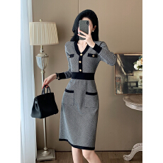 批发小香风针织连衣裙女<b class='q'>春</b>秋新款高级感气质收腰显瘦通勤外穿毛衣裙子