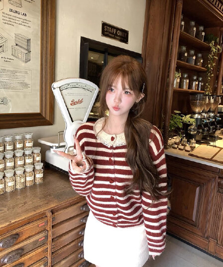 한 부서 학원 스타일 달콤함 귀여운 스트라이프 니트 오픈 가디건 여성 가을 겨울 루즈핏 다용도 연령 감소 작은 키 맨위 트렌디