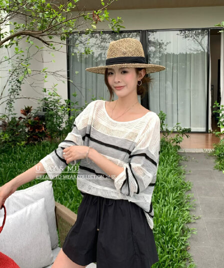 한 부서 패션 여름 다용도 느슨함 긴팔 자외선 차단 맨위 이른 가을 스트라이프 홀로우 아웃 자외선 차단 블라우스