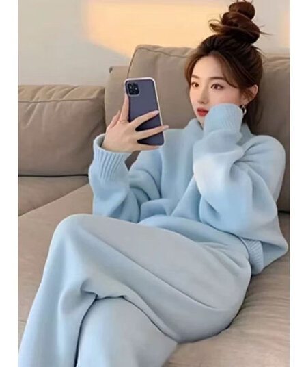 가을 겨울 고급 센스 전체 집합 부드러운 착용 가져 가라. 한 부서 느긋한 느슨함 센스 터틀넥 스웨터 스트레이트 캐주얼 바지 세트