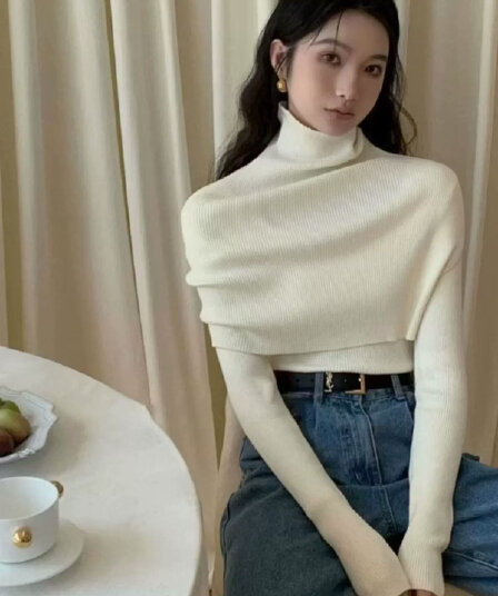 한 부서 숄 스웨터 두 조각 여성 세트 고급 센스 품격 미니멀리즘 단색 터틀넥 스택 착용 망토 기본 셔츠 세트
