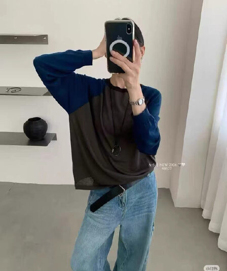 유럽 역 익스트림 제인 바람 라운드 넥 배색 삽입 어깨 소매 패션 미니멀리즘 루즈핏 다용도 양모 니트 스웨터 기본 셔츠 여성
