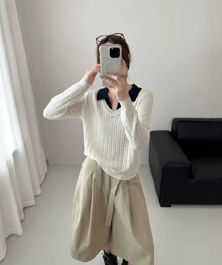 오래된 돈 바람 POLO 칼라 페이크 레이어드 긴팔 니트 스웨터 여성 가을 디자인 센스 몸매 가꾸기 슬림해 보이는 품격 만나는 맨위