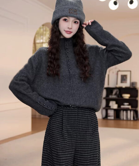 느긋한 바람 회색 반하이넥 단추 스웨터 여자 가을 겨울 루즈핏 패션 다용도 풀오버 긴팔 니트 스웨터 맨위