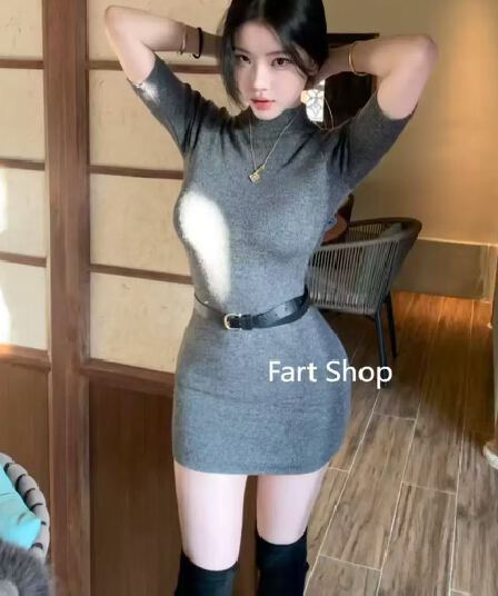 로얄 자매 타이트 스커트 여성 드레스 반하이넥 모직물 슬림해 보이는 타이트 반소매 짧은 치마