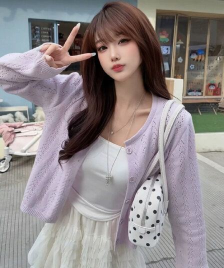 한국 스타일 부드러운 바람 홀로우 아웃 니트 오픈 가디건 여성 봄 가을 패션 학원 스타일 슬림해 보이는 다용도 부드러운 찹쌀 연령 감소 맨위 여성
