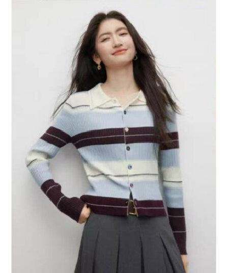 한 부서 착용 가져 가라. 배색 스트라이프 POLO 칼라 싱글 줄 버튼 니트 오픈 가디건 여성 가을 아름다운 고급 센스 몸매 가꾸기 맨위