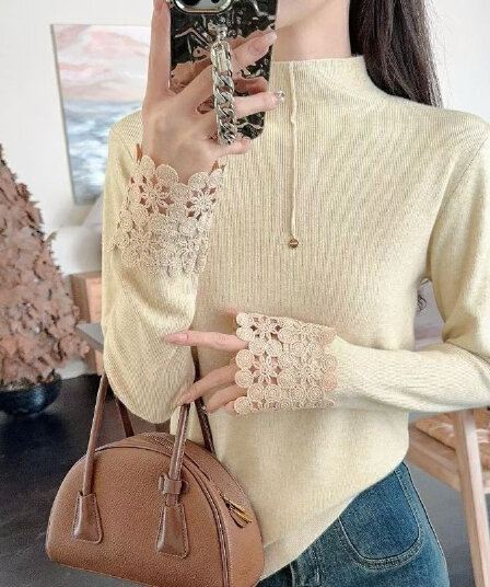반하이넥 기본 셔츠 여성 가을 겨울 새로운 커프스 패치워크 레이스 단색 몸매 가꾸기 슬림해 보이는 니트 스웨터 맨위 스웨터