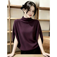 批发简约半高领蝙蝠袖针织<b class='q'>T</b><b class='q'>恤</b>女早秋新款宽松显瘦打底衫洋气百搭上衣