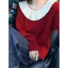批发<b class='q'>甜美</b>风红色荷叶边撞色圆领针织衫女秋季新款小众减龄单穿长袖上衣