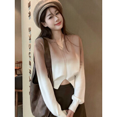 批发韩系女装v领渐变<b class='q'>针织</b>衫上衣秋冬设计感短款显瘦打底外穿长袖毛衣
