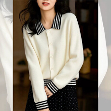 慵懒风POLO领条纹拼接针织开衫女高智感穿搭百塔通勤毛衣外套女潮