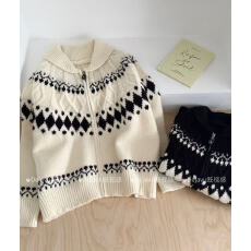 批发复古翻领显瘦拉链休闲外套女秋<b class='q'>冬</b>新款韩系舒适宽松慵懒风长袖毛衣