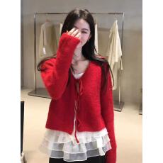 圣诞红针织开衫秋季上衣女短款花边吊带背心叠穿两件套