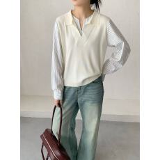 批发BLUEBERRY韩版多巴胺糖果色系天丝假两件拼接衬衫针织上衣<b class='q'>宽松</b>