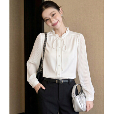 批发2026春装新款法式漂亮白色花边领系带衬衫雪纺御姐优雅显瘦上衣女