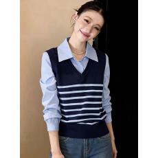 批发<b class='q'>韩版</b>洋气减龄撞色条纹假两件衬衫女2026春装新款时尚优雅百搭上衣