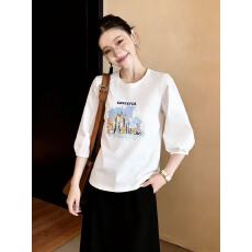 批发七分袖T桖女2026夏装新款宽松别致<b class='q'>印花</b>套头减龄女士中袖白色上衣