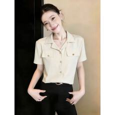 批发法式高级感衬衫女26夏装<b class='q'>新款</b>杏色西装领气质衬衣通勤职业上衣小衫