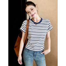 批发小众设计感条纹短袖T桖女2026夏装新款撞色圆领百搭通勤气质<b class='q'>上衣</b>