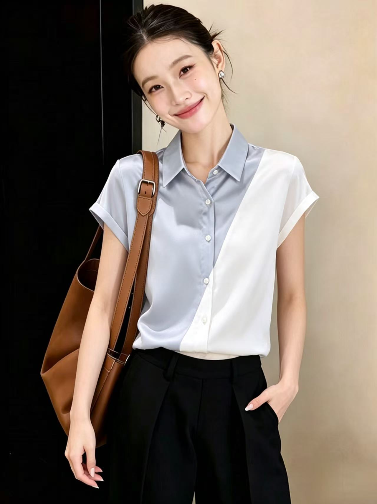빛 요리 한 출퇴근 바람 폴로 칼라 패치워크 여성 셔츠 2026 여름 새로운 반팔 품격 셔츠 패션 슬림해 보이는 맨위