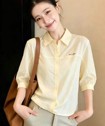 순면 자수 여성 셔츠 2026 여름 새로운 7부 소매 황색 폴로 칼라 셔츠 캐주얼 루즈핏 맨위 여성