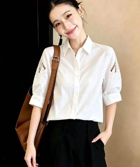 프랑스식 홀로우 아웃 자수 화이트 여성 셔츠 2026 여름 새로운 5 점 소매 순면 맨위 고급 센스 품격