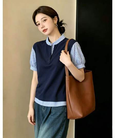 스트라이프 스탠드 칼라 패치워크 페이크 레이어드 여성 셔츠 2026 이른 가을 새로운 배색 유럽 상품 레트로 고급 센스 맨위