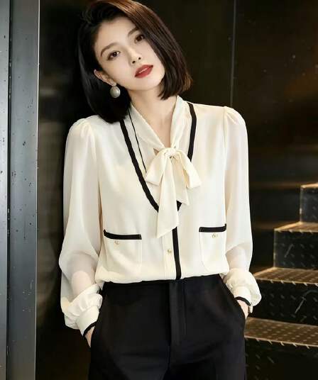 V넥 긴팔 여성 셔츠 2026 가을 의상 새로운 품격 미니멀리즘 풀오버 슬림해 보이는 프랑스식 페이크 레이어드 레이스업 맨위