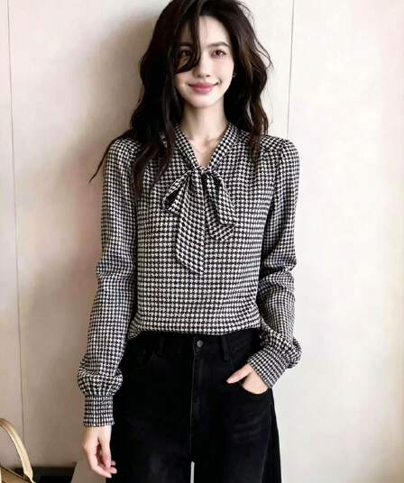 2026 가을 새로운 우아함 바람 하운드투스 체크 나비 매듭 셔츠 여성 긴 소매 유럽 상품 레트로 리본 쉬폰 톱