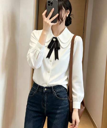 프랑스식 품격 화이트 출퇴근 셔츠 여성 긴 소매 디자인 센스 작은 대중 달콤함 이중층 베이비 칼라 맨위