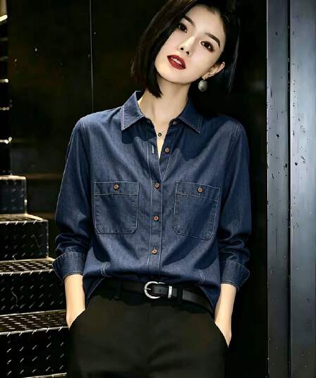 진한 파란색 긍정적 인 어깨 레트로 긴팔 여성 셔츠 2026 가을 의상 새로운 루즈핏 슬림해 보이는 폴로 칼라 캐주얼 데님 셔츠