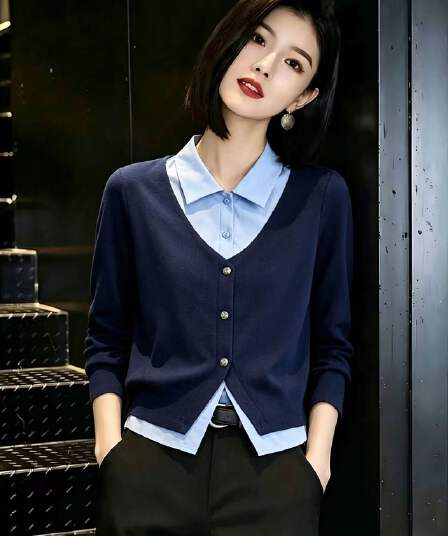 학원 스타일 페이크 레이어드 스트라이프 POLO 칼라 여성 셔츠 2026 가을 의상 새로운 스택 착용 여성 긴팔 맨위