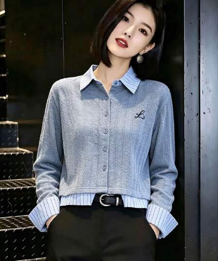 가을 착용 가져 가라. 회색 POLO 칼라 니트 스웨터 여성 2026 새로운 스트라이프 패치워크 페이크 레이어드 긴팔 맨위 여성