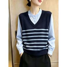 批发学院风条纹针织<b class='q'>马甲</b>拼接长袖衬衫假两件上衣女2026秋装新款