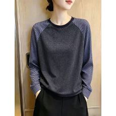 批发针织拼接条纹<b class='q'>衬衫</b>长袖女2026秋装新款圆领抽绳褶皱复古欧货上衣